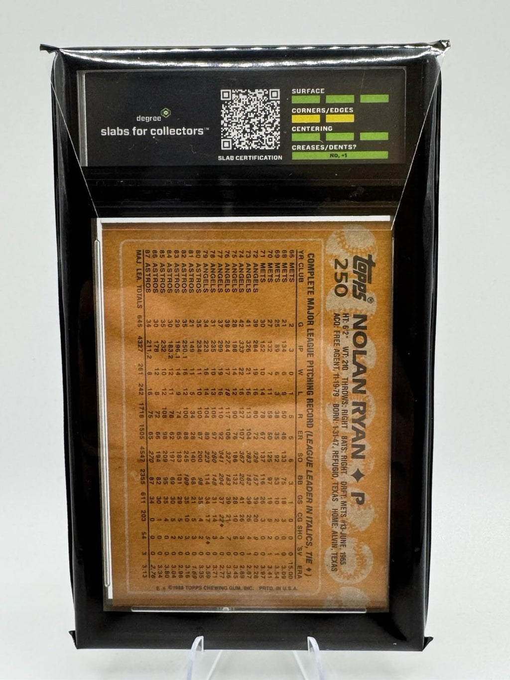 Vintage Collectors Edition 1988 TOPPS  #250 NOLAN RYAN Degree Graded 9