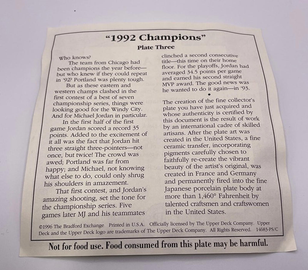 Michael Jordan #3 collector plate 1992 Champions w/ COA